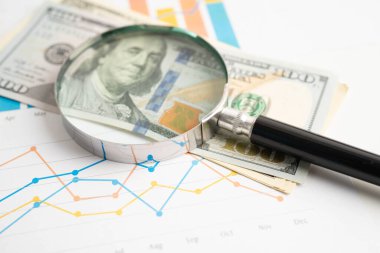 ABD doları ve EURO banknotları ve grafiği üzerindeki büyüteç, ticari ticaret kavramını finanse ediyor.