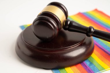 Gavel, LGBT gurur ayının sembolü olan gökkuşağı bayrağında hakim avukat adayı..