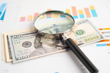 ABD doları ve EURO banknotları ve grafiği üzerindeki büyüteç, ticari ticaret kavramını finanse ediyor.