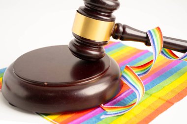 Gavel, LGBT gurur ayının sembolü olan gökkuşağı bayrağında hakim avukat adayı..