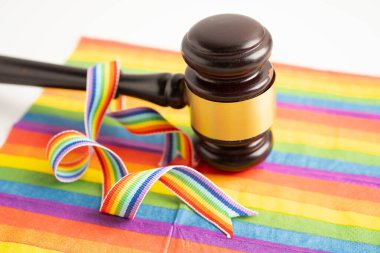 Gavel, LGBT gurur ayının sembolü olan gökkuşağı bayrağında hakim avukat adayı..
