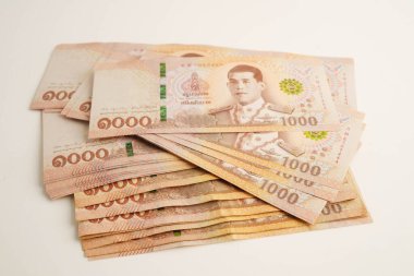 Asyalı kadın Tayland baht banknotlarını sayıyor ve elinde beyaz arka planda tek başına duruyor..