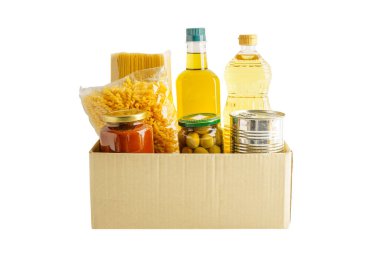 Gönüllülere yardım etmek için bağış kutusundaki yiyecekler..