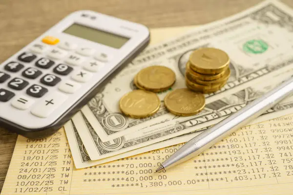 Hesap makinesi ve kitaplığın finansmanındaki kalemle para basar.