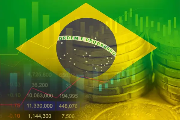 Brezilya, madeni para ve grafikle hisse senedi yatırımı üzerine bayrak.