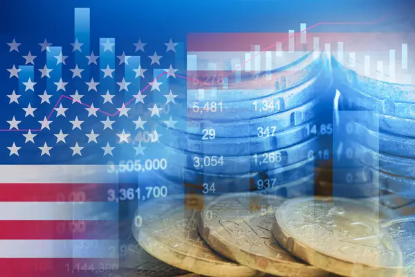 ABD bayrağı ile hisse senedi yatırımları madeni para ve grafik ticareti.
