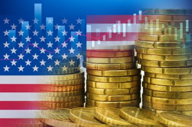 ABD bayrağı ile hisse senedi yatırımları madeni para ve grafik ticareti.