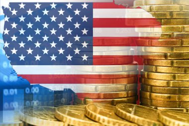 ABD bayrağı ve haritası ile hisse senedi yatırımları madeni para ve grafik ticareti.