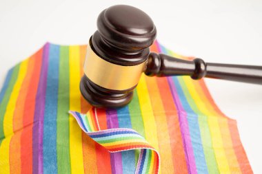 Gavel, LGBT gurur ayının sembolü olan gökkuşağı bayrağında hakim avukat adayı..