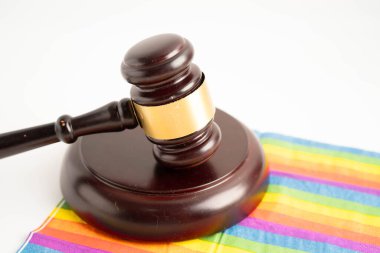 Gavel, LGBT gurur ayının sembolü olan gökkuşağı bayrağında hakim avukat adayı..