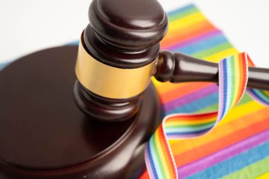 Gavel, LGBT gurur ayının sembolü olan gökkuşağı bayrağında hakim avukat adayı..