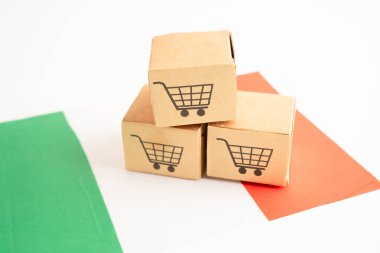 Çevrimiçi alışveriş, İtalya bayrağında alışveriş arabası kutusu, ithalat ihracat, finans ticareti.