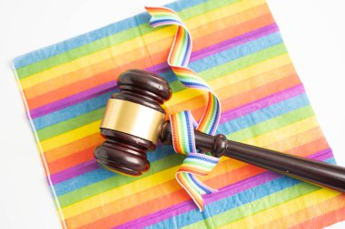 Gavel, LGBT gurur ayının sembolü olan gökkuşağı bayrağında hakim avukat adayı..