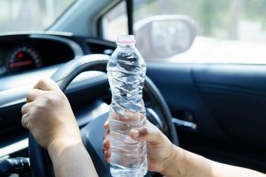 Arabada su şişesi tutan Asyalı kadın sürücü..