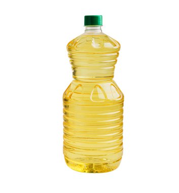 Kırpma yolu olan beyaz arka planda izole edilmiş sebze yağı şişesi pişirmek için organik sağlıklı yiyecekler..