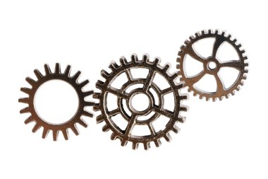 Metal teçhizat beyaz arka planda, motorlu araç ve motorda izole edildi.