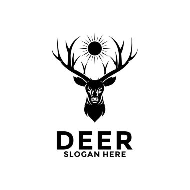 vintage deer head and sun logo illustration, deer with horn logo design template