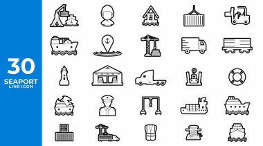 Sahil limanıyla ilgili 30 taslak simge seti. Doğrusal Seaport simge vektör koleksiyonu