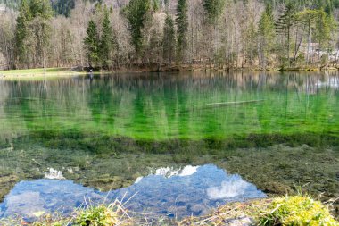 Dağlardaki güzel göl. İnanılmaz renkli ve kristal kadar berrak yansımaları olan Christlessee Oberstdorf yakınlarında.