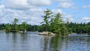 Gölün güzel manzarası. Yazın Sparrow Gölü 'nde ağaçlı kaya adaları..