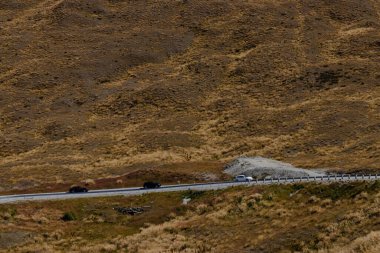 Kuru çimenli tepelerden geçen yol Yeni Zelanda 'da öğleden sonra insan yok.