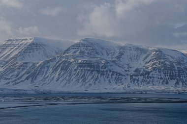 Su kenarında Görkemli Karla kaplı Dağ