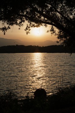 Siluetli ağaç tarafından çerçevelenmiş sakin gölün üzerinde sakin bir gün batımı