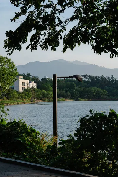 Bir sokak lambası ve uzak dağlarla Lakeside manzarası