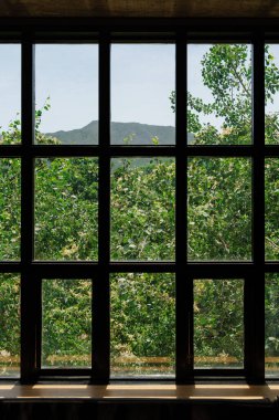 Yeşillik ve Dağlarla Büyük Pencere Arasından Manzaralı Görünüm