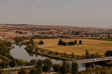 Altın tarlalardan akan nehir ve bir köprü