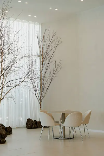 Yuvarlak masa ve sandalyeli minimalist bir salon.
