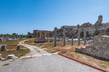 Side Ancient Ruins touristic site in the popular resort town of Side, near Antalya, Turkey. Ancient Greek and Roman style ruin.