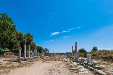 Side Ancient Ruins touristic site in the popular resort town of Side, near Antalya, Turkey. Ancient Greek and Roman style ruin.