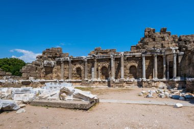 Side Ancient Ruins touristic site in the popular resort town of Side, near Antalya, Turkey. Ancient Greek and Roman style ruin.