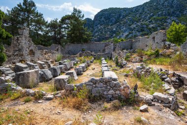 Olympos ancient ruin site view in popular resort town of Olympos, near Antalya, Turkey.  Olympos archaeological site with natural landscape.