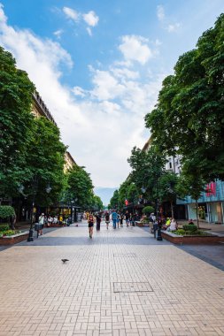 Sofia, Bulgaria - August 2022: Vitosha Boulevard in Sofia, the main shopping street in Sofia, Bulgaria