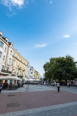 Plovdiv, Bulgaria - August 2022: Plovdiv city view with the main pedestrian street. The main street of Plovdiv 'Glavnata'