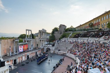 Plovdiv, Bulgaria - July 2022: Ancient Roman theatre in Plovdiv, Bulgaria, a famous landmark popular for tourists