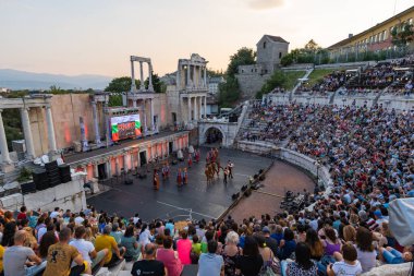Plovdiv, Bulgaria - July 2022: Ancient Roman theatre in Plovdiv, Bulgaria, a famous landmark popular for tourists