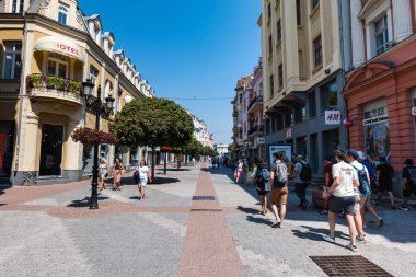Plovdiv, Bulgaria - August 2022: Plovdiv city view with the main pedestrian street. The main street of Plovdiv 'Glavnata'