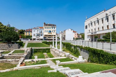 Plovdiv, Bulgaria - August 2022: Plovdiv city center view in Bulgaria. Ruins of ancient Philippopolis at the central square of  Plovdiv, Bulgaria