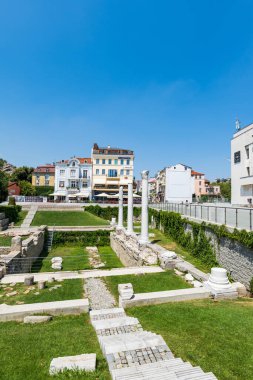 Plovdiv, Bulgaria - August 2022: Plovdiv city center view in Bulgaria. Ruins of ancient Philippopolis at the central square of  Plovdiv, Bulgaria