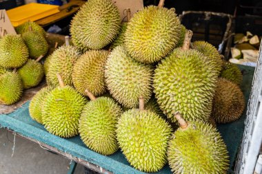 Asya 'daki meyve pazarında Durian meyvesi. Durian, Durio cinsine ait çeşitli ağaç türlerinin yenilebilir meyvesidir..