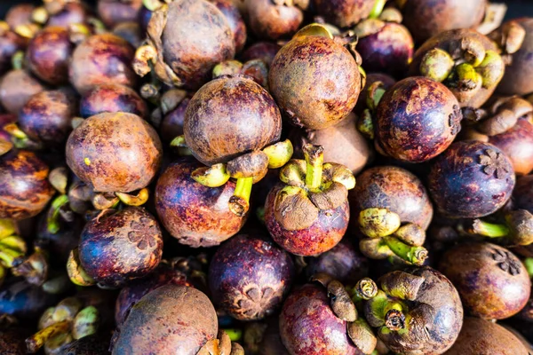 Frutas Mangostán Para Venta Mercado Orgánico Asia Pila Frutos Del — Foto de Stock