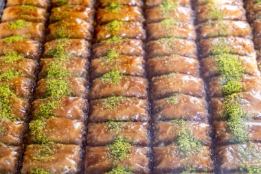 Pistachio baklava sergileniyor. Geleneksel Orta Doğu tatlısı, Türkiye 'de popüler.