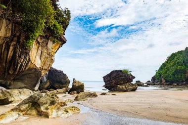 Bako Ulusal Parkı, Kuching, Sarawak, Malezya 'daki deniz kumlu plajı. Bako Milli Parkı Borneo, Doğu Malezya 'da ünlü bir turistik merkezdir.