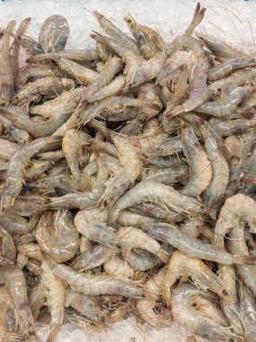 Taze karides, ya da karides, karaborsada sergileniyor. Deniz ürünleri soyut arkaplan ve dokusu.