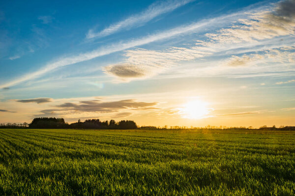 закат над сельскохозяйственными полями, сельский пейзаж в Европе, Дания