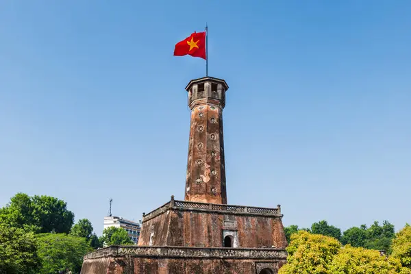 Hanoi flag tower with Vietnamese flag on top in Hanoi, Vietnam. Its located in the Vietnam Military History Museum.