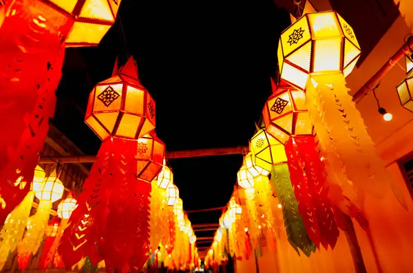Chinese or Asian lanterns decorations in night at temple. Lighting decorations for lantern festivals in Chiang Mai, Thailand